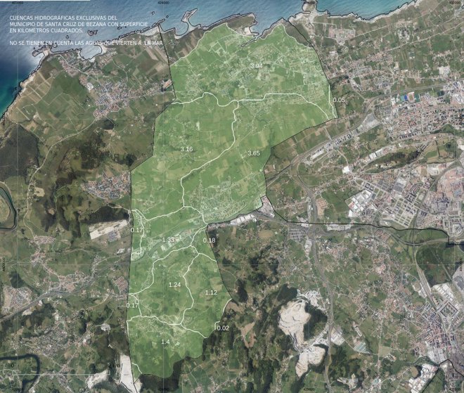 Cuencas hidrográficas exclusivas del municipio de Santa Cruz de Bezana con superficie en kilómetros cuadrados.