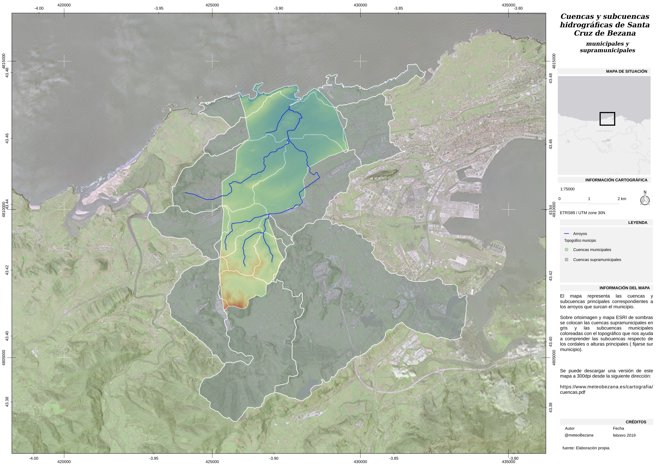 Mapa de cuencas y subcuencas hidrográficas de Santa Cruz de Bezana (municipales y supramunicipales).